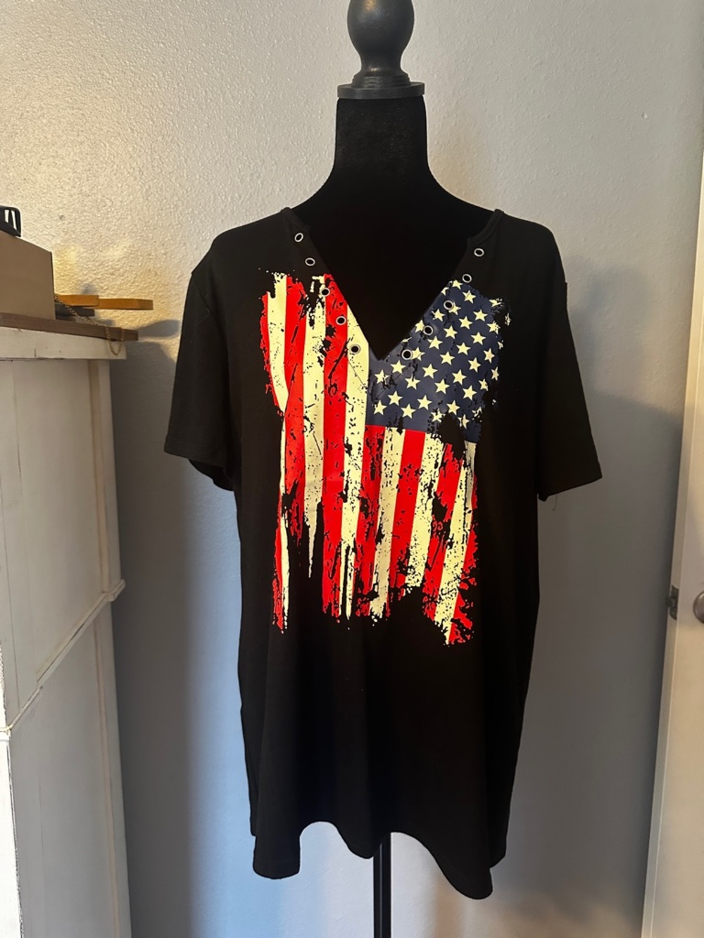 Black T-Shirt with American Flag Design